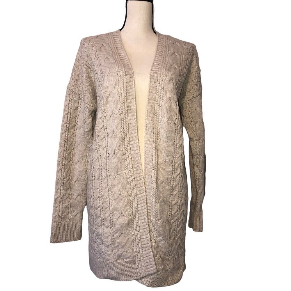 Cardigan Sweater Size M Cable Knit Beige Oatmeal Open Front Neutral Coastal